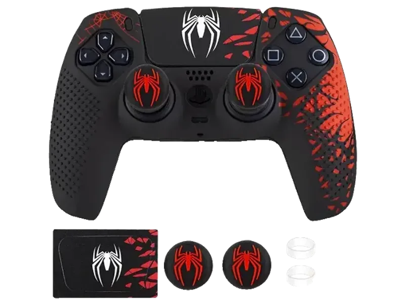 GET IN THE GAME Silicone Cover for PS5 Controller, Anti Slip PS5 WRAP Cover with 2 THUMBGRIPS, TOUCHPAD Sticker & Protective CASE for PS5 Controller - Spider MAN Edition (RED & Black)